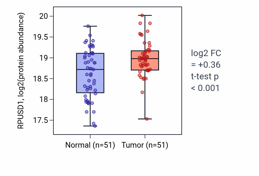 Tumor-vs-normal mass-spec protein box plot for RPUSD1 in LSCC.