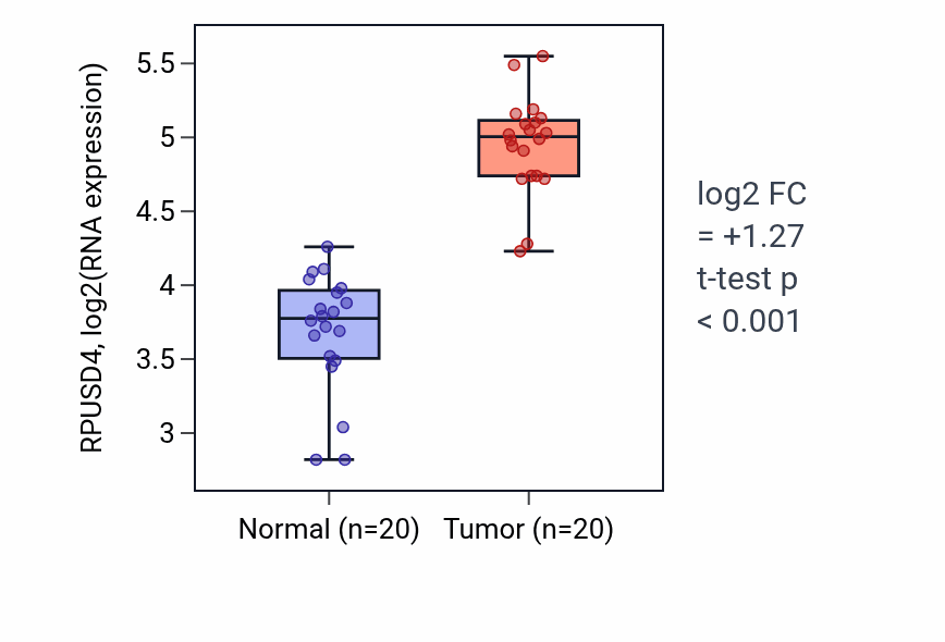 Tumor-vs-normal expression box plot for RPUSD4 RNA in COAD.