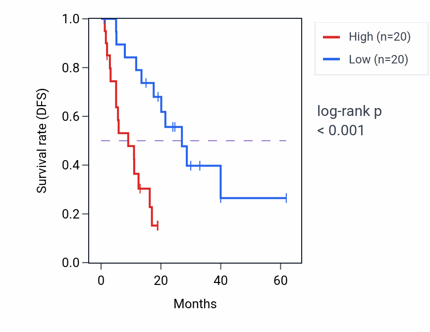 Kaplan&ndash;Meier survival curve for RRAGB RNA-high vs -low samples in COAD.