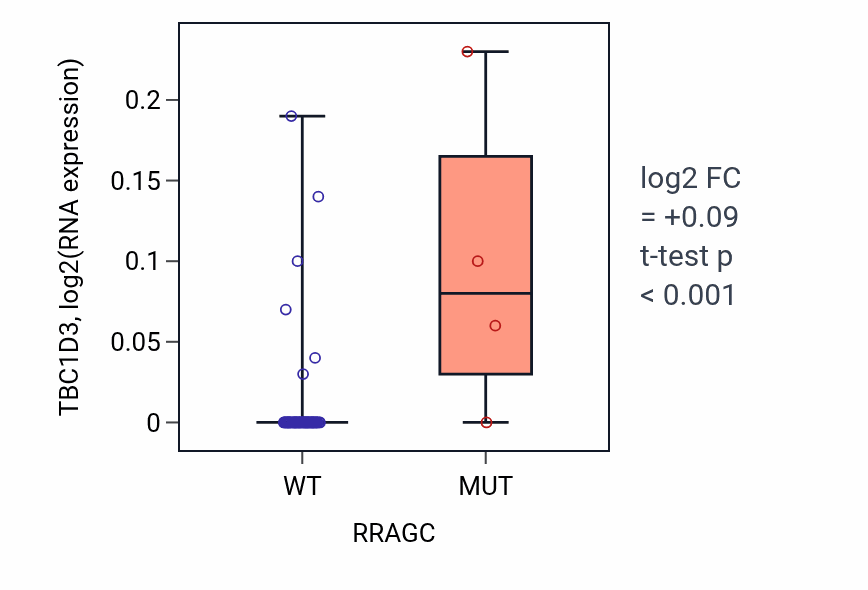 Box plot of TBC1D3 in RRAGC-low vs RRAGC-high samples in LARGE_INTESTINE.