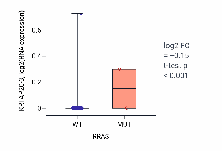 Box plot of KRTAP20-3 in RRAS-low vs RRAS-high samples in HNSC.