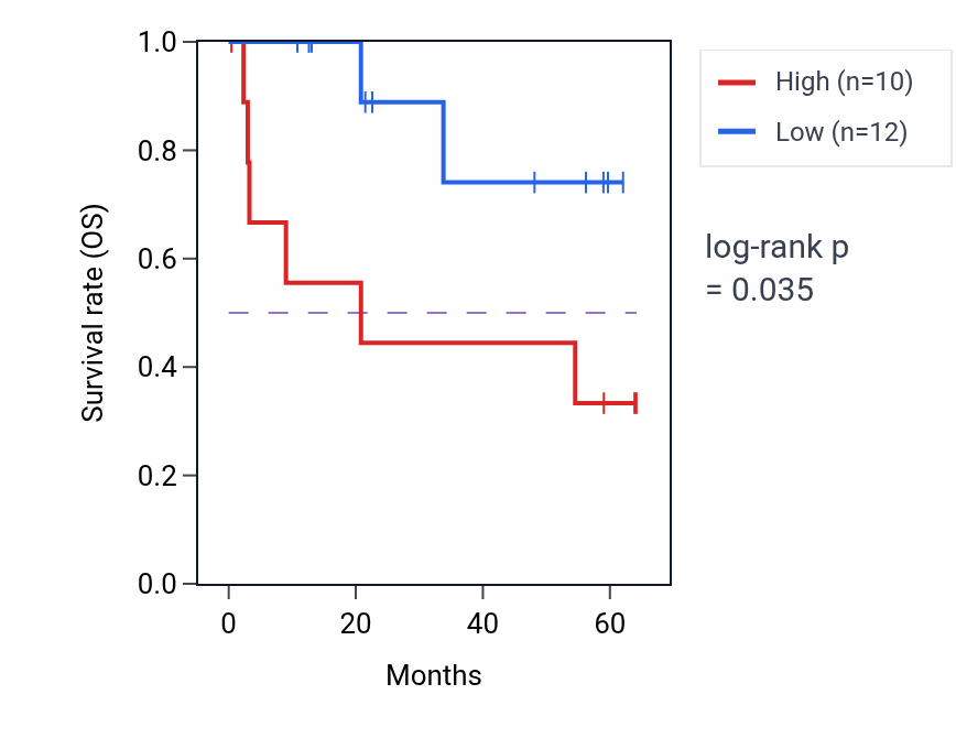 Kaplan&ndash;Meier survival curve for RRM2B mass-spec protein-high vs -low samples in CCRCC.