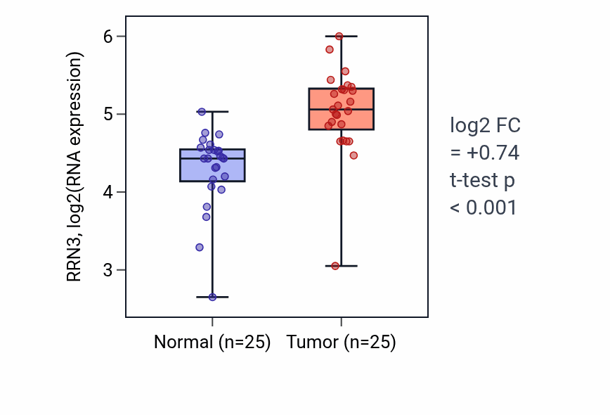 Tumor-vs-normal expression box plot for RRN3 RNA in HNSC.