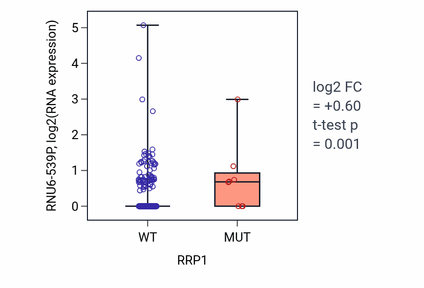 Box plot of RNU6-539P in RRP1-low vs RRP1-high samples in COAD.