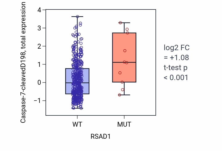 Box plot of Caspase-7-cleavedD198 in RSAD1-low vs RSAD1-high samples in UCEC.