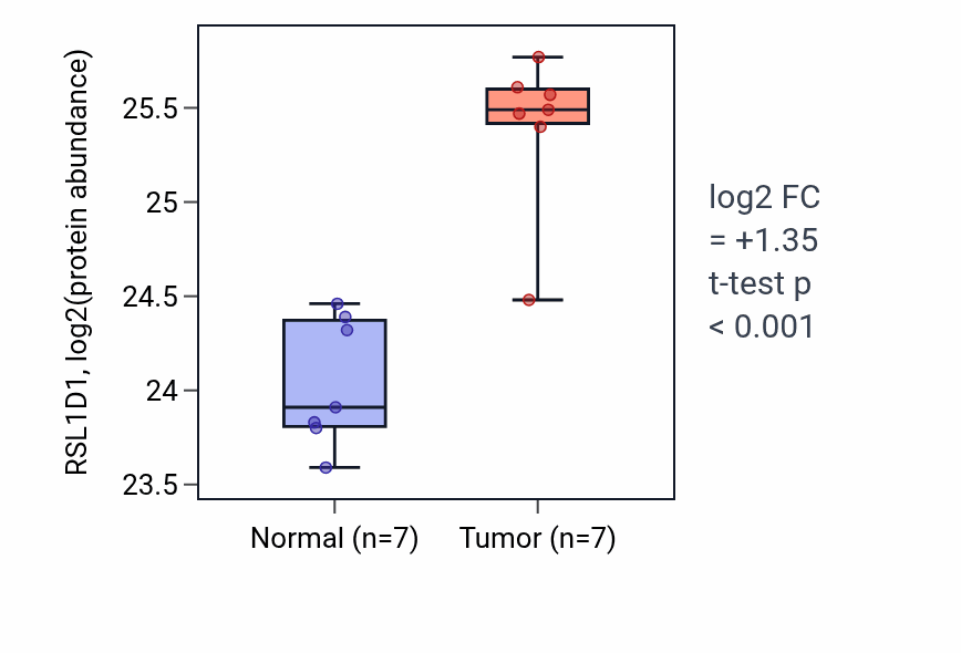 Tumor-vs-normal mass-spec protein box plot for RSL1D1 in CCRCC.