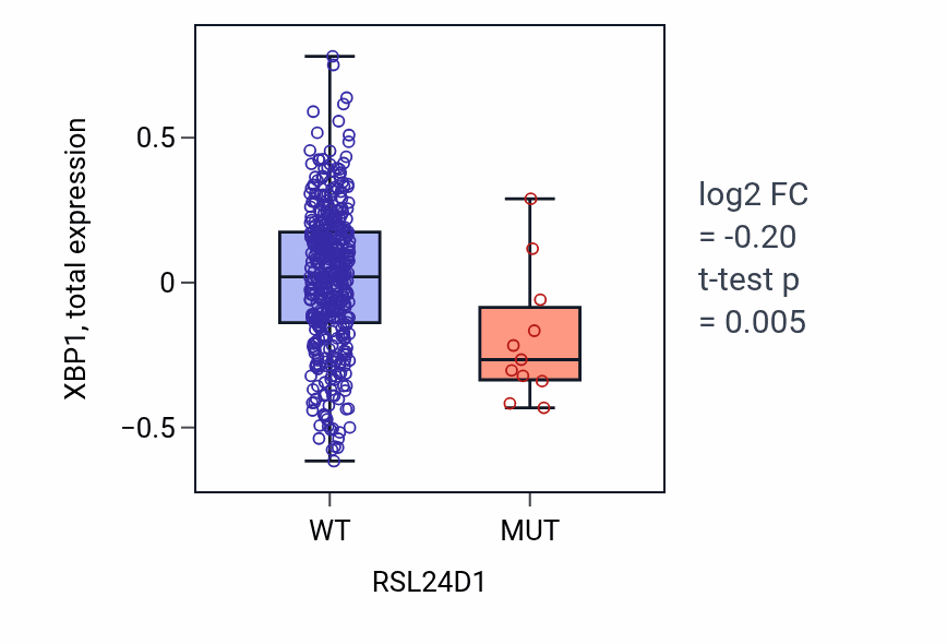 Box plot of XBP1 in RSL24D1-low vs RSL24D1-high samples in UCEC.