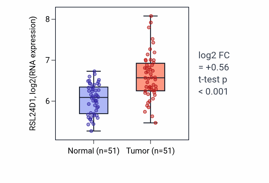 Tumor-vs-normal expression box plot for RSL24D1 RNA in KIRC.