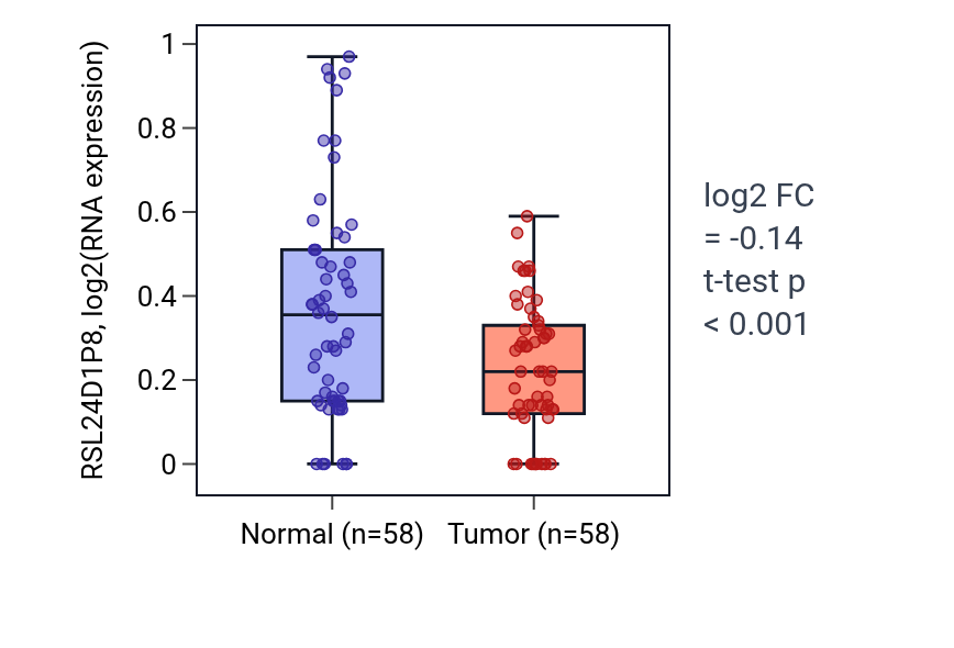 Tumor-vs-normal expression box plot for RSL24D1P8 in THCA.