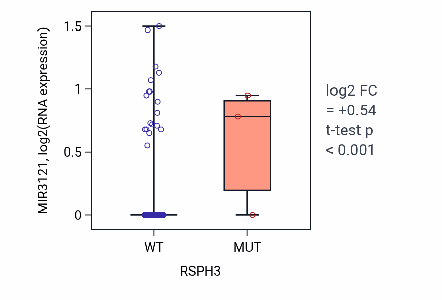 Box plot of MIR3121 in RSPH3-low vs RSPH3-high samples in LUSC.