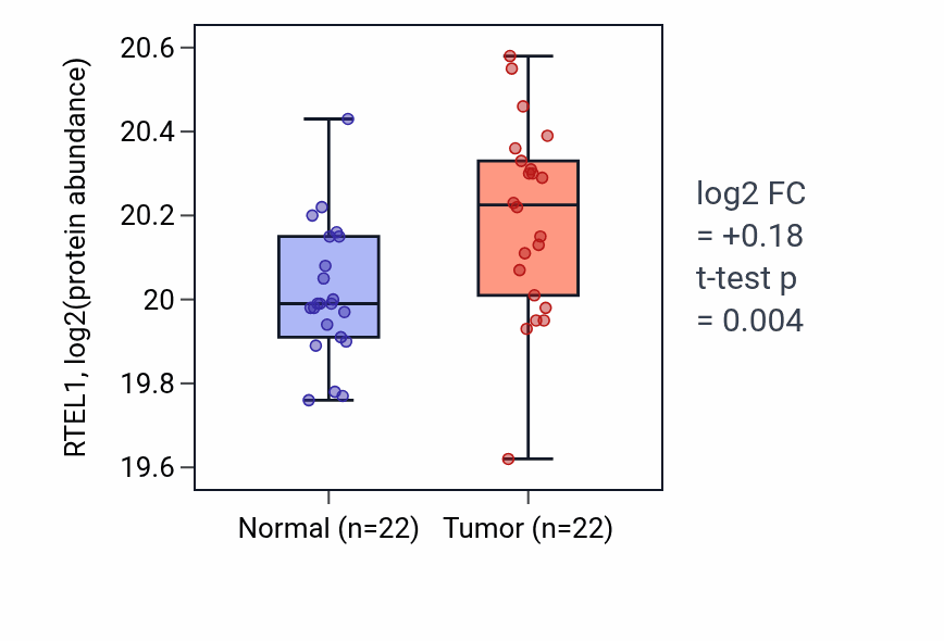 Tumor-vs-normal mass-spec protein box plot for RTEL1 in CCRCC.