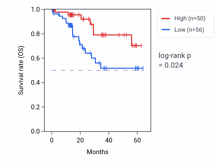 Kaplan&ndash;Meier survival curve for RTF2 mass-spec protein-high vs -low samples in LUAD.