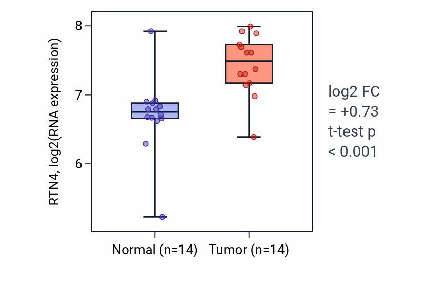 Tumor-vs-normal expression box plot for RTN4 RNA in HNSC.