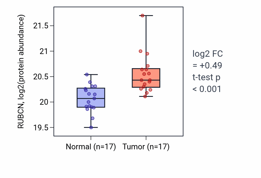Tumor-vs-normal mass-spec protein box plot for RUBCN in PDAC.