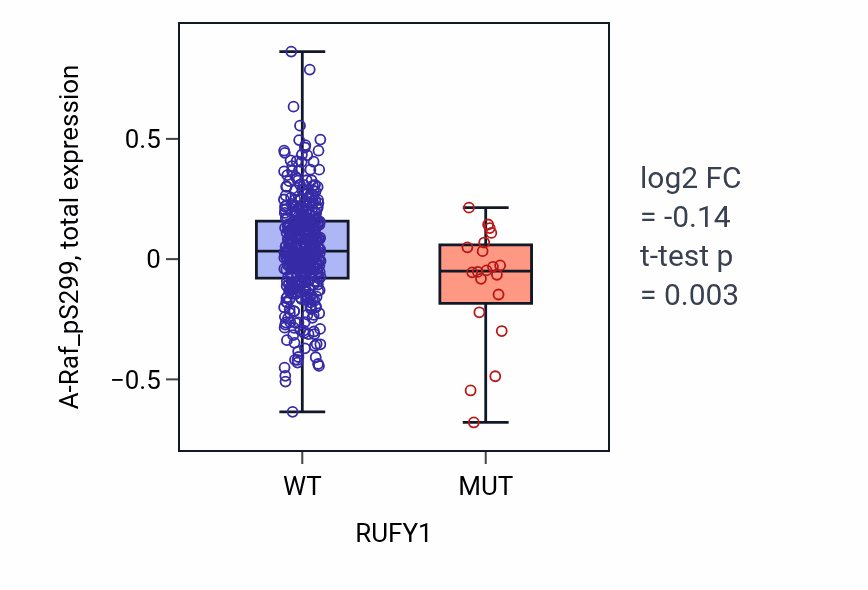 Box plot of A-Raf_pS299 in RUFY1-low vs RUFY1-high samples in UCEC.