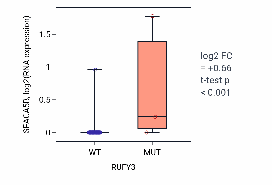 Box plot of SPACA5B in RUFY3-low vs RUFY3-high samples in SOFT_TISSUE.