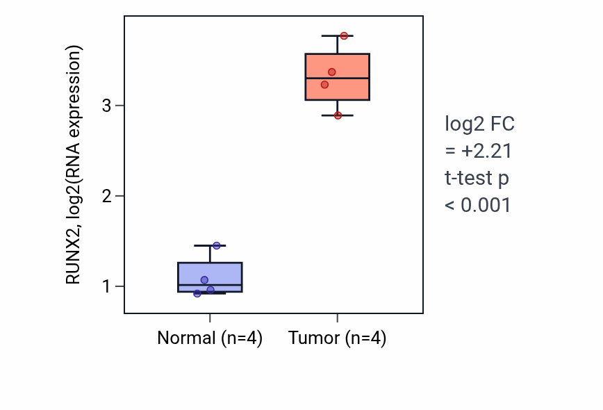 Tumor-vs-normal expression box plot for RUNX2 RNA in THCA.