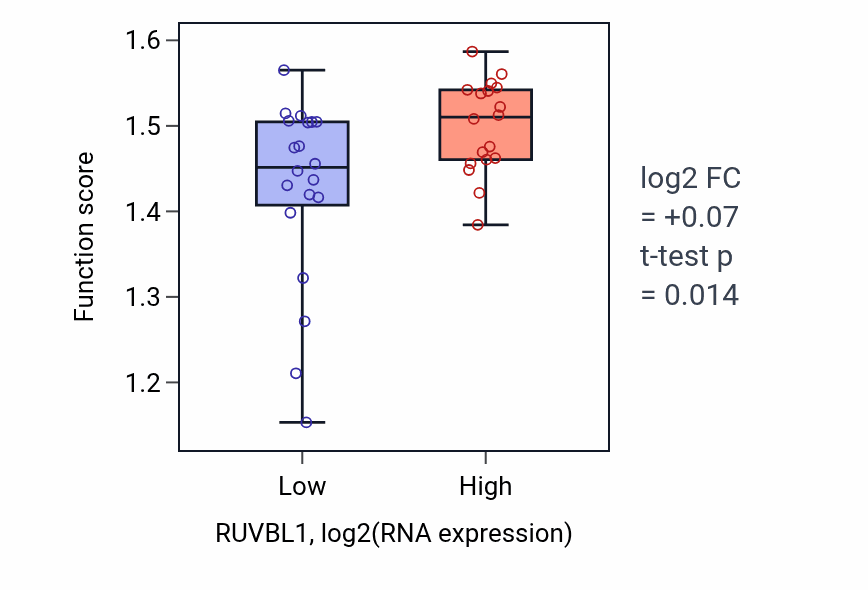 Box plot of RNA localization to Cajal body in RUVBL1-low vs RUVBL1-high samples in BONE.