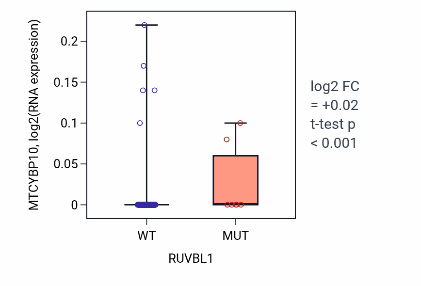Box plot of MTCYBP10 in RUVBL1-low vs RUVBL1-high samples in LUAD.