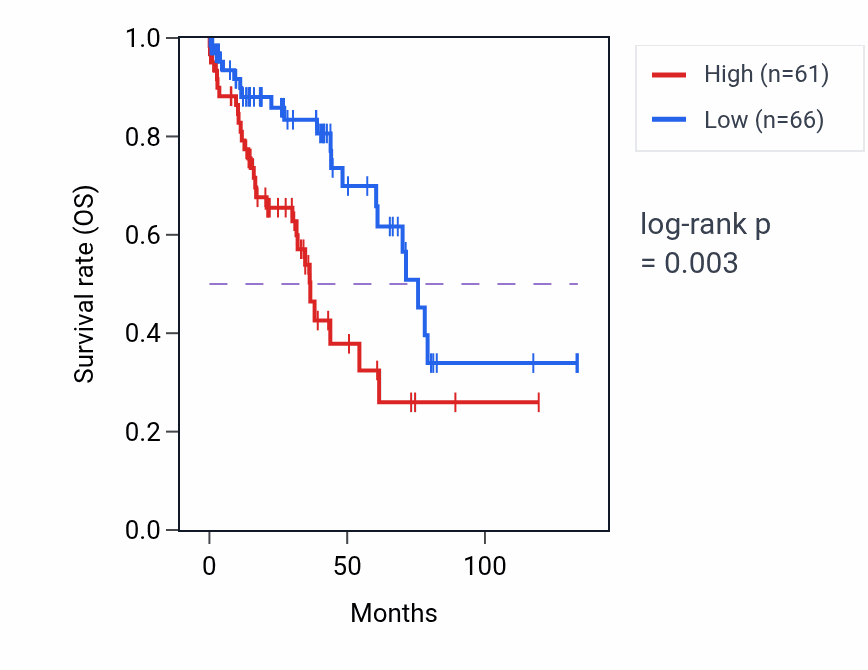 Kaplan&ndash;Meier survival curve for RXYLT1-AS1 RNA expression in LUSC: high vs low expression groups.