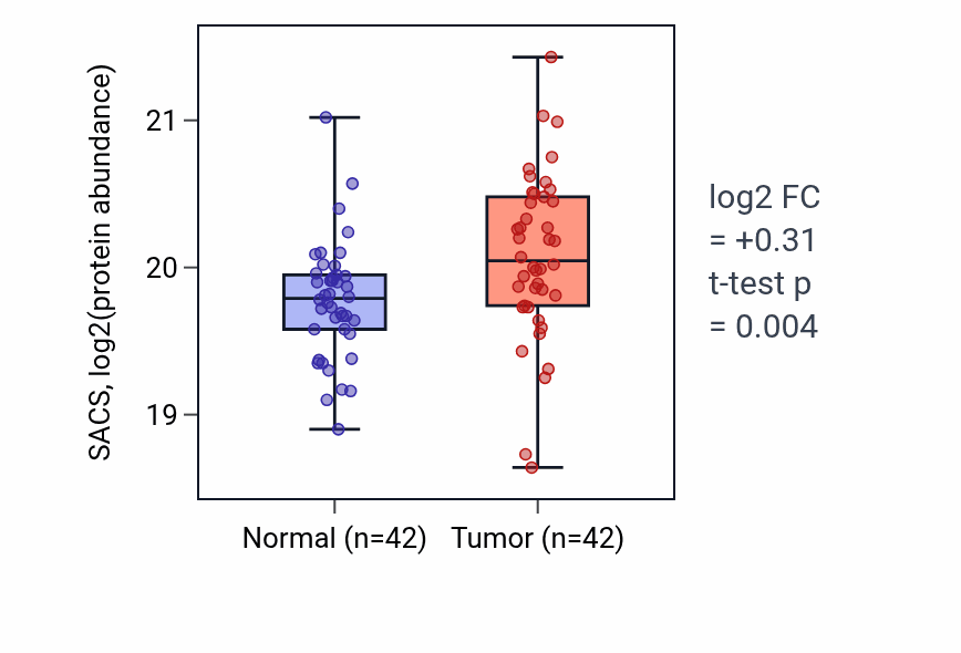Tumor-vs-normal mass-spec protein box plot for SACS in CCRCC.