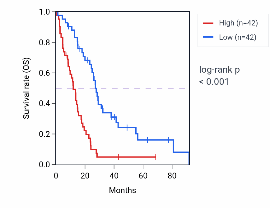 Kaplan&ndash;Meier survival curve for SAE1 RNA-high vs -low samples in MESO.