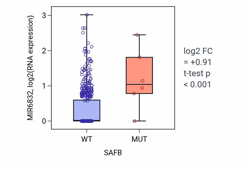 Box plot of MIR6832 in SAFB-low vs SAFB-high samples in HNSC.