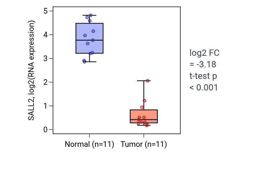 Tumor-vs-normal expression box plot for SALL2 RNA in KICH.