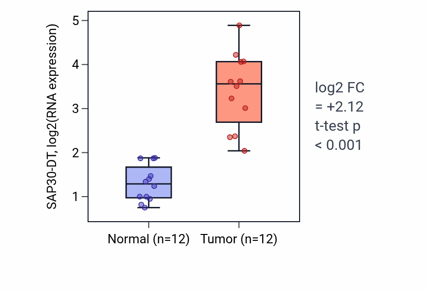 Tumor-vs-normal expression box plot for SAP30-DT in KIRC.