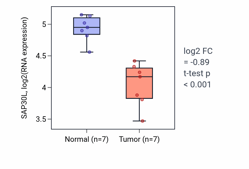 Tumor-vs-normal expression box plot for SAP30L RNA in THCA.