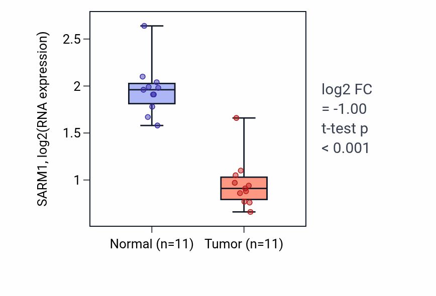 Tumor-vs-normal expression box plot for SARM1 RNA in KICH.