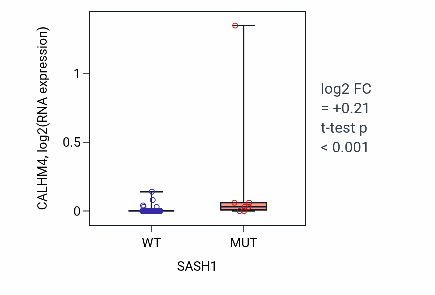 Box plot of CALHM4 in SASH1-low vs SASH1-high samples in BLOOD_Lymphoma.
