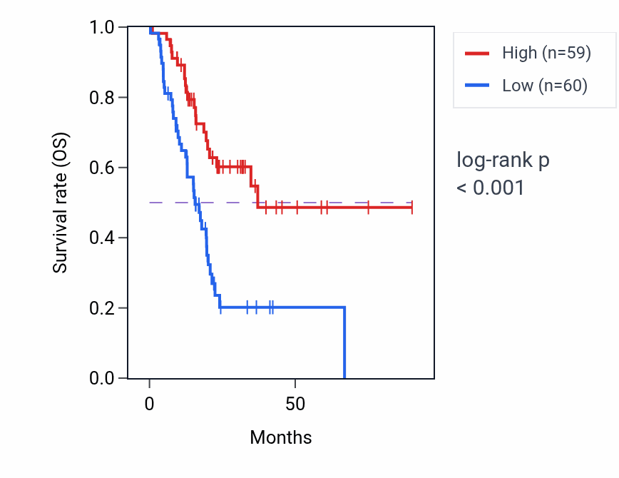 Kaplan&ndash;Meier survival curve for SAT2 RNA-high vs -low samples in PAAD.