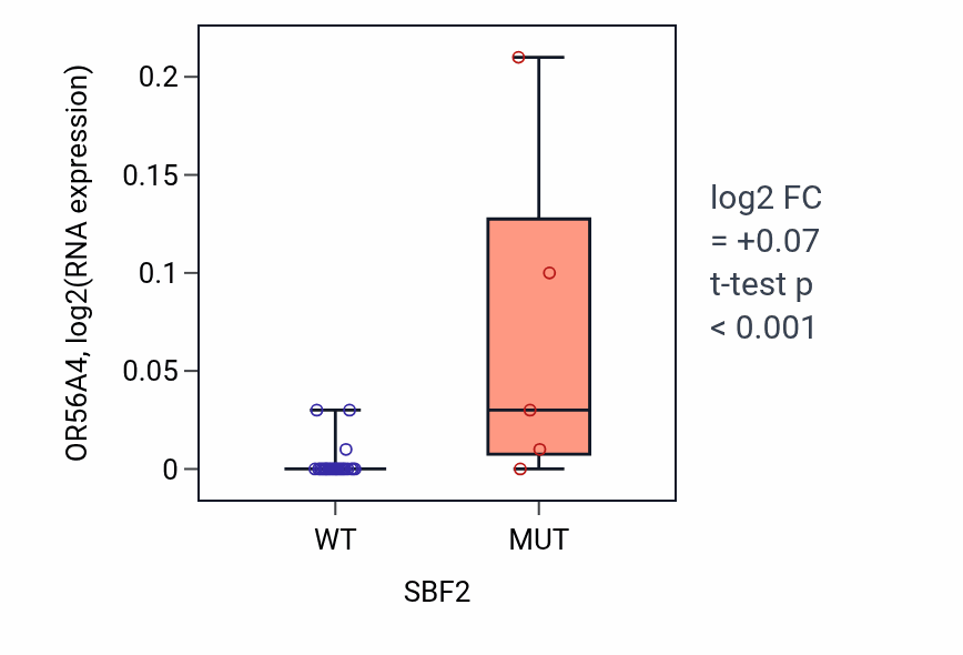 Box plot of OR56A4 in SBF2-low vs SBF2-high samples in BLOOD_Myeloma.