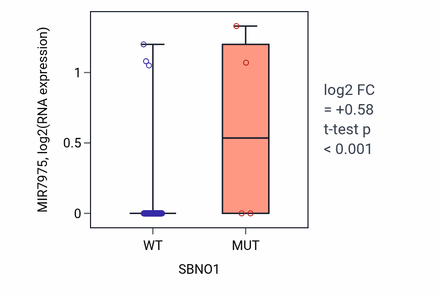 Box plot of MIR7975 in SBNO1-low vs SBNO1-high samples in GBM.