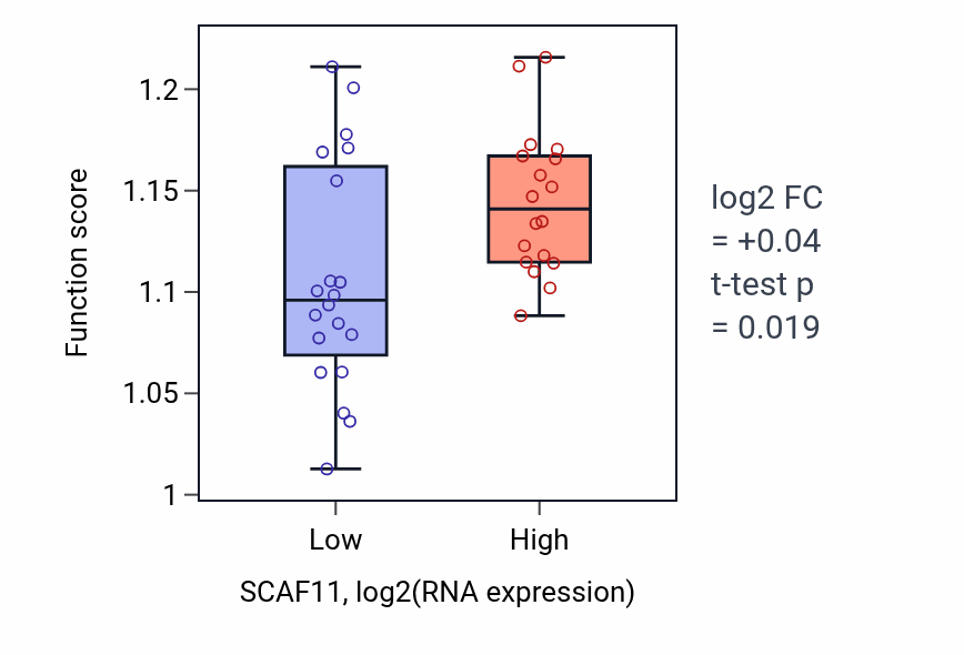 Box plot of Protein sumoylation in SCAF11-low vs SCAF11-high samples in BONE.