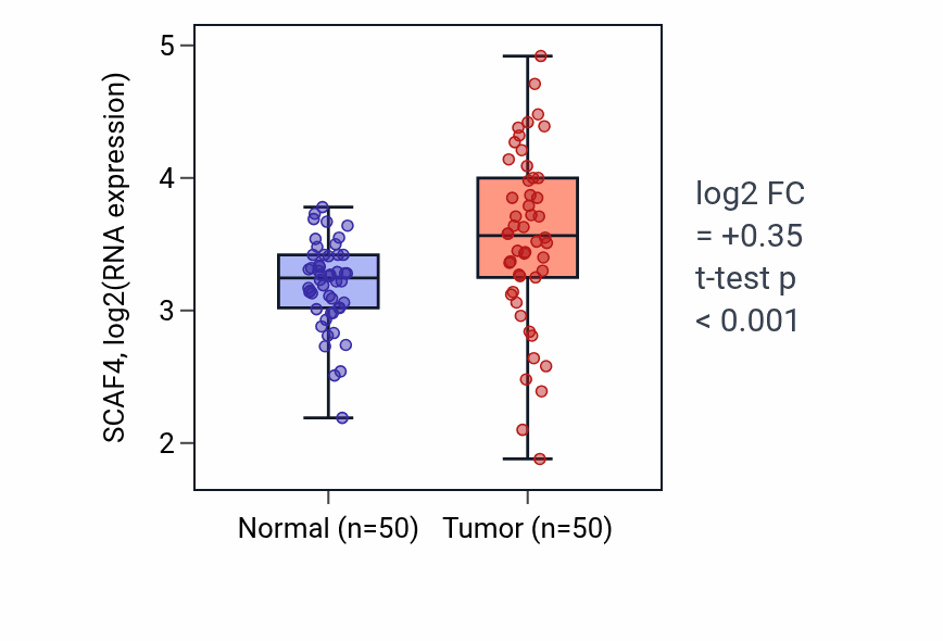 Tumor-vs-normal expression box plot for SCAF4 RNA in LIHC.