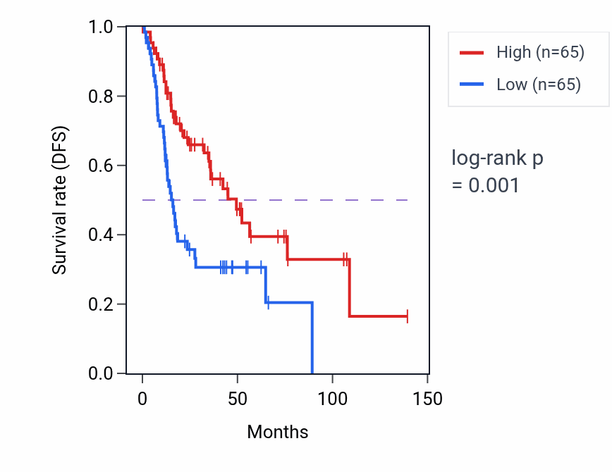 Kaplan&ndash;Meier survival curve for SCAI RNA-high vs -low samples in HNSC.