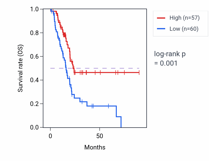 Kaplan&ndash;Meier survival curve for SCAND2P RNA expression in PAAD: high vs low expression groups.