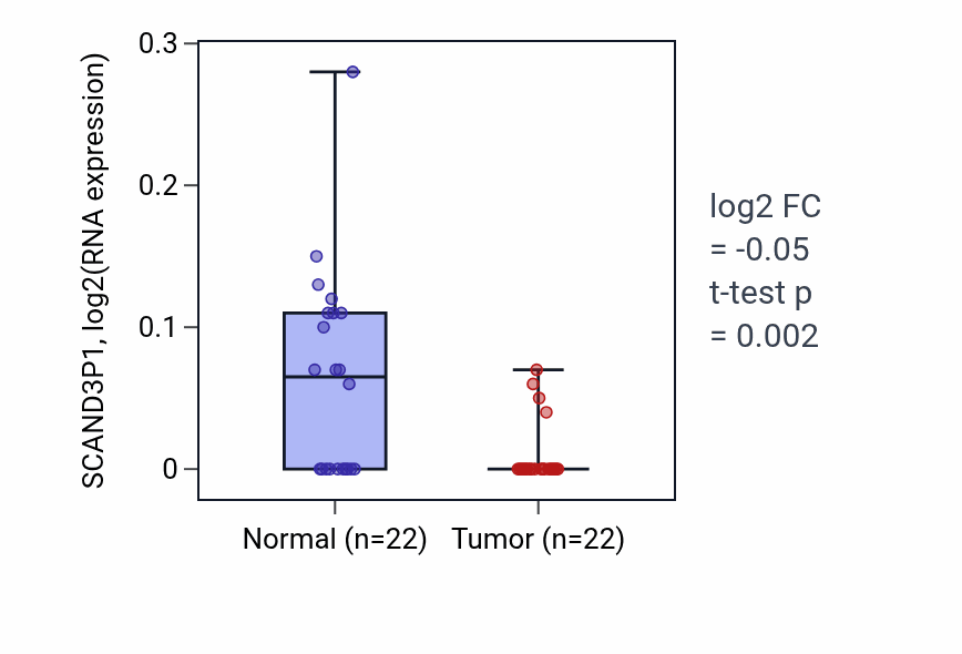 Tumor-vs-normal expression box plot for SCAND3P1 in KICH.