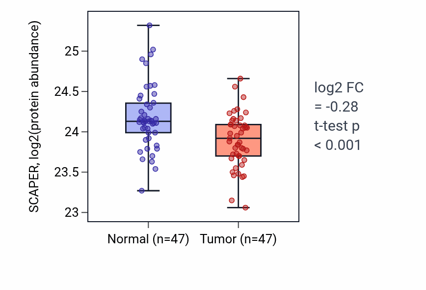 Tumor-vs-normal mass-spec protein box plot for SCAPER in HNSC.