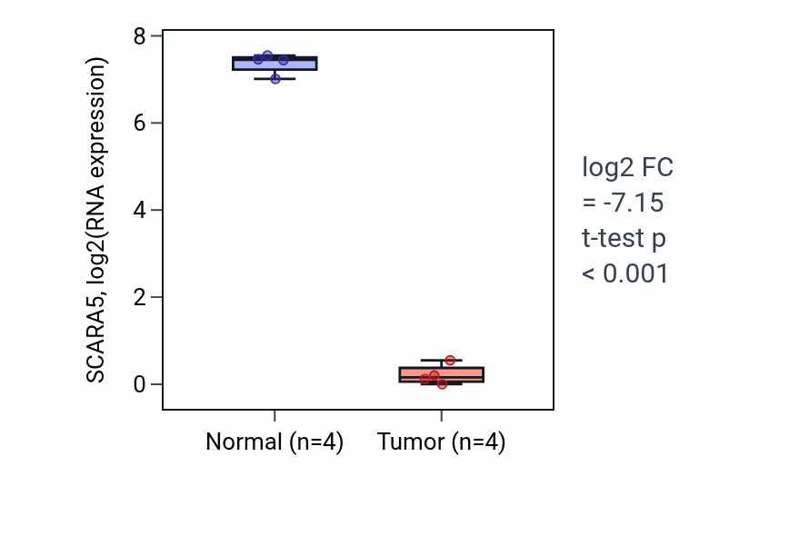 Tumor-vs-normal expression box plot for SCARA5 in BLCA.