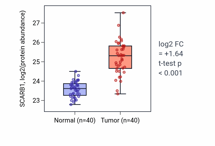 Tumor-vs-normal mass-spec protein box plot for SCARB1 in CCRCC.