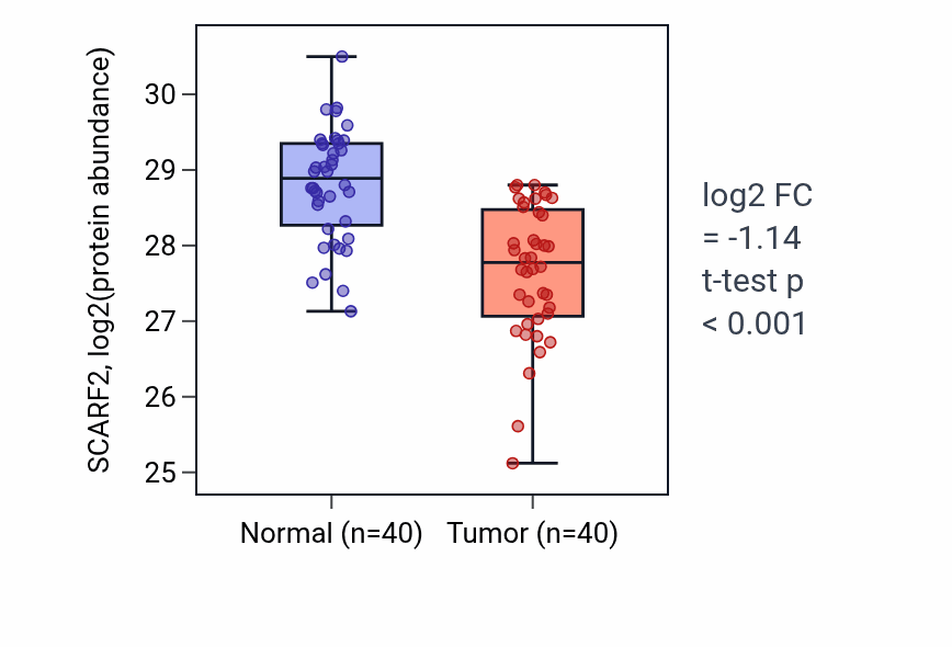 Tumor-vs-normal mass-spec protein box plot for SCARF2 in COAD.