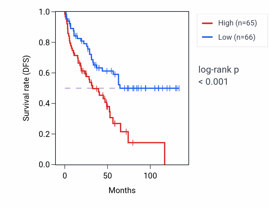 Kaplan&ndash;Meier survival curve for SCARNA13 RNA expression in KIRC: high vs low expression groups.