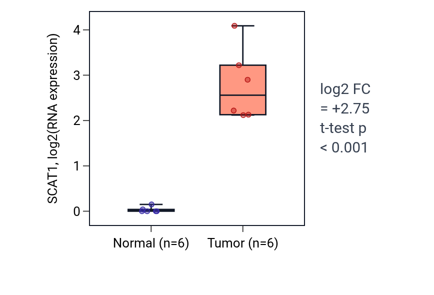 Tumor-vs-normal expression box plot for SCAT1 in HNSC.