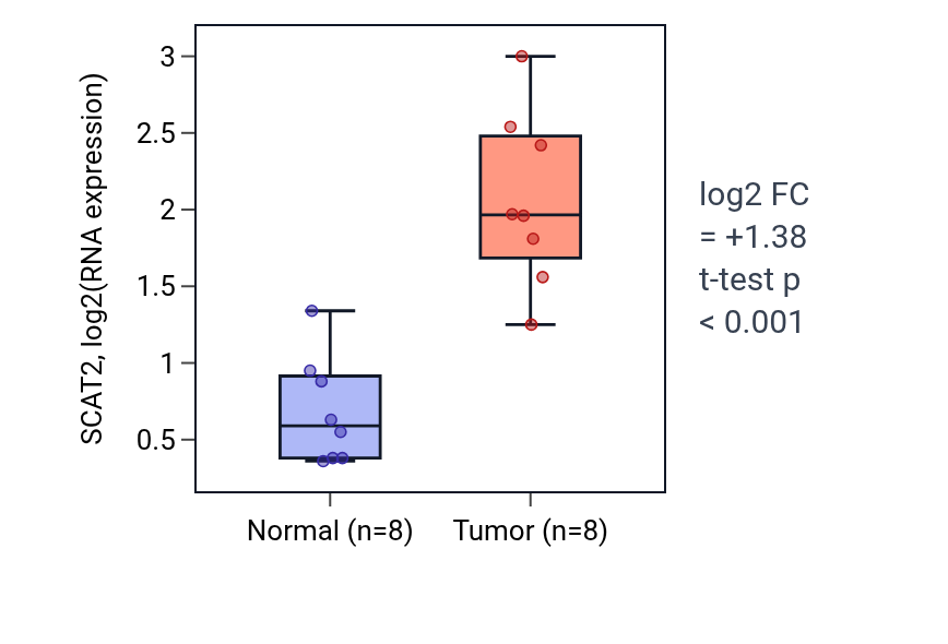 Tumor-vs-normal expression box plot for SCAT2 in BLCA.