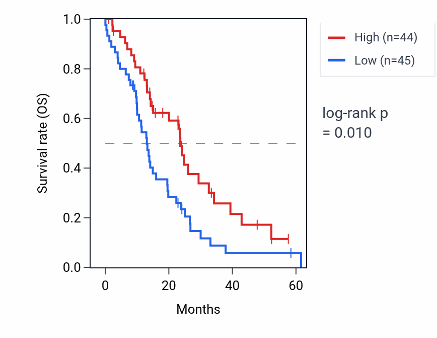 Kaplan&ndash;Meier survival curve for SCIN mass-spec protein-high vs -low samples in PDAC.