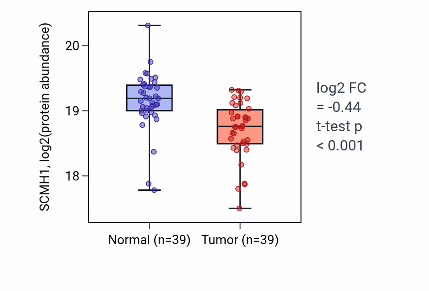 Tumor-vs-normal mass-spec protein box plot for SCMH1 in LSCC.