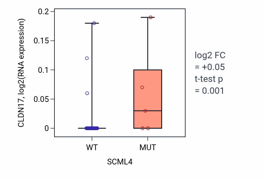 Box plot of CLDN17 in SCML4-low vs SCML4-high samples in LARGE_INTESTINE.